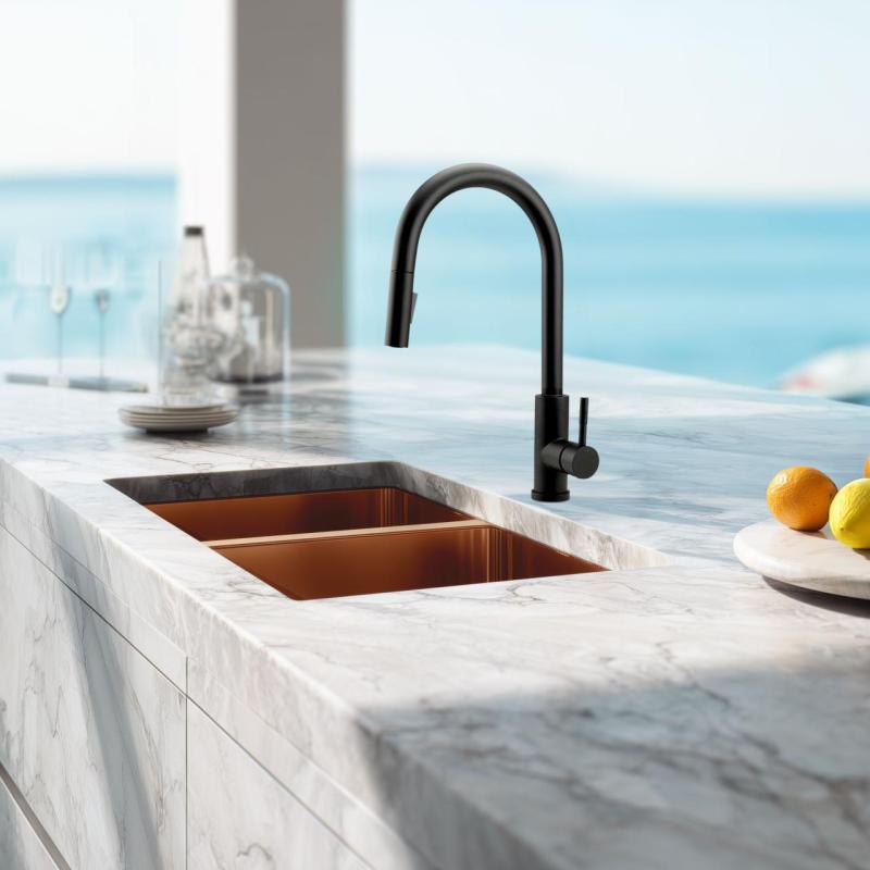 Pure.Sink Prestige Διπλός χάλκινος νεροχύτης 70x40cm ακτίνα 10mm εντοιχισμένος, επίπεδη επιφάνεια και επιφάνεια εργασίας PPG343440-62