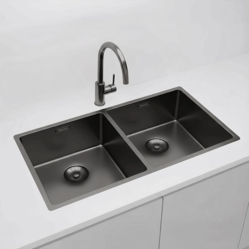 Pure.Sink Prestige Διπλό Gun metal νεροχύτης 82x40 εκ 10mm ακτίνα επιφάνειας, επίπεδης κατασκευής και επικαθήμενης PPG404040-61