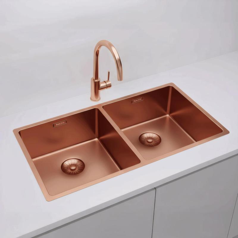 Pure.Sink Prestige Διπλός χάλκινος νεροχύτης 82x40 εκ 10mm ακτίνα υποκατασκευής, επίπεδης κατασκευής και επικατασκευής PPG404040-62