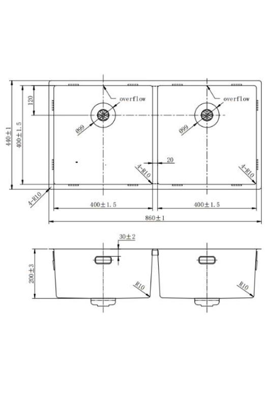 Pure.Sink Prestige Διπλός χάλκινος νεροχύτης 82x40 εκ 10mm ακτίνα υποκατασκευής, επίπεδης κατασκευής και επικατασκευής PPG404040-62