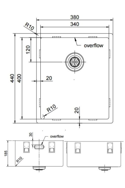 Pure.Sink Exclusivo Χρυσή νεροχύτη 34x40 cm 10mm ακτίνα εντοιχισμένη, επίπεδη κατασκευή και επικατασκευή PEX3440-60