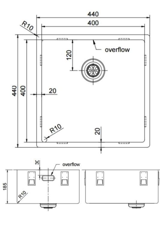 Pure.Sink Exclusivo Χάλκινος νεροχύτης 40x40 cm ακτίνα 10mm υποδομή, επίπεδη κατασκευή και επικατασκευή PEX4040-62