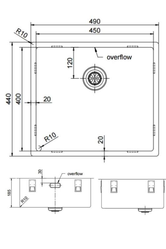 Pure.Sink Exclusivo RVS νεροχύτης 45x40 εκ. 10mm ακτίνα υποκατασκευή, επίπεδη κατασκευή και επικατασκευή PEX4540-02