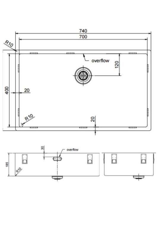 Pure.Sink Exclusivo μεγάλο χρυσό νεροχύτη 70x40 εκ. 10mm ακτίνα υποδομής, επίπεδης ενσωμάτωσης και επικατασκευής PEX7040-60