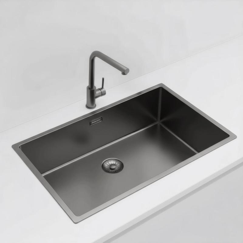Pure.Sink Exclusivo μεγάλο Gun metal νεροχύτη 70x40 εκ. ακτίνα 10mm εντοιχισμένος, επίπεδη ενσωμάτωση και επικαθήμενος PEX7040-61