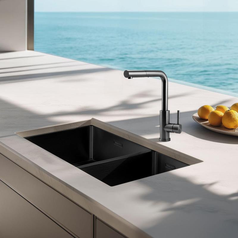 Pure.Sink Exclusivo Gun Metal 1,5 μισό νεροχύτη 34+18 cm ακτίνα 10mm PEX341840-61