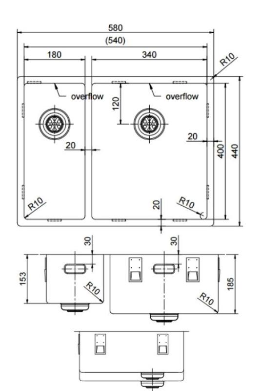 Pure.Sink Exclusivo RVS 1,5 άλλο ένα μισό νεροχύτη 18+34 εκ. 10mm ακτίνα PEX183440-02