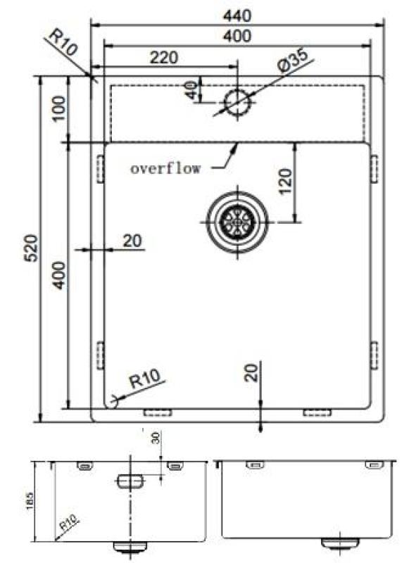 Pure.Sink Exclusivo RVS νεροχύτης 44x52 εκατοστά Tapwing με τρύπα για βρύση ακτίνα 10 χιλιοστά PEX4040T-02