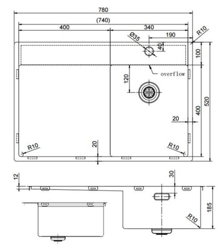 Pure.Sink Exclusivo Χάλκινο μικρό νεροχύτη με στραγγιστικό τμήμα 78x52 εκ. Tapwing δεξιά PEX3478RT-62