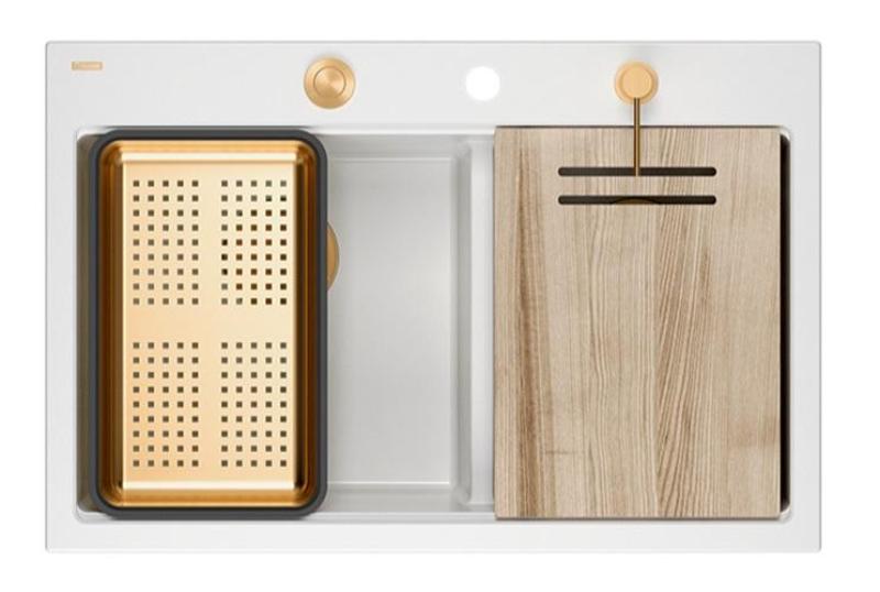 Quadri Hard Rock Διπλό Λευκό Γρανίτης Επιφανειακός Νεροχύτης 76 x 50 εκ. με Χάλκινο βύσμα και αξεσουάρ 1208971357