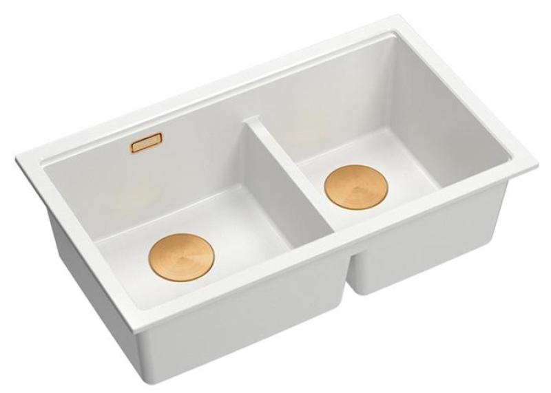 Quadri Newport II Διπλή Επιφάνεια Νεροχύτη από Λευκό Γρανίτη 76x45 εκ. με Χάλκινο Πώμα 1208971358