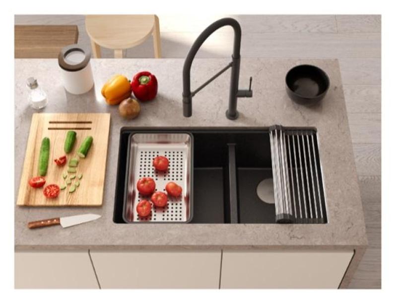 Quadri Newport II Διπλός Λευκός Γρανίτης Νεροχύτης Εντοιχιζόμενος 702 x 390 mm με Χάλκινο Πώμα 1208971373