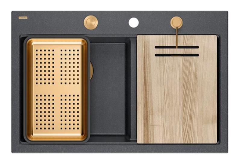 Quadri Hard Rock Διπλό Ανθρακί Γρανίτης Επιφανειακός Νεροχύτης 76x50 εκ. με Χάλκινο πώμα και αξεσουάρ 1208971388