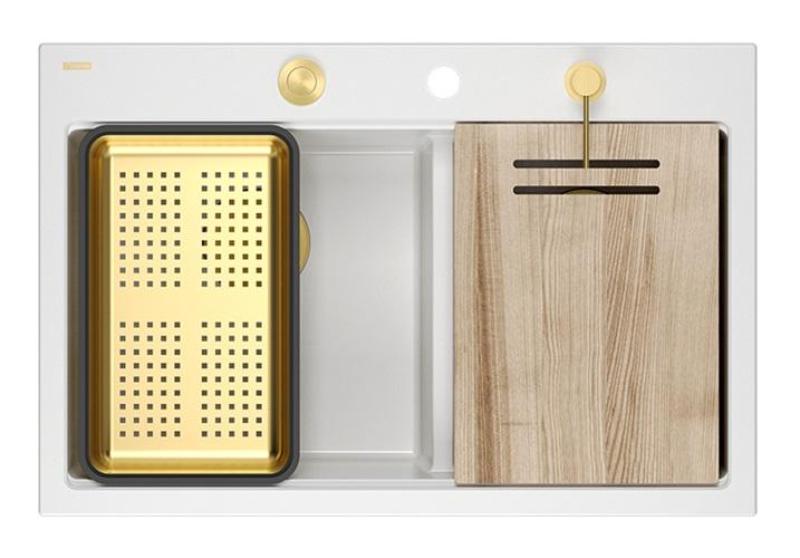 Quadri Hard Rock Διπλό Λευκό Γρανίτης Επιφάνειας Νεροχύτης 76x50 εκ. με Χρυσή Βύση και Αξεσουάρ 1208971392