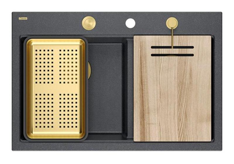 Quadri Hard Rock Διπλό Ανθρακί Γρανίτης Επιφάνειας Νιπτήρας 76x50 εκ. με Χρυσή Πρίζα και Αξεσουάρ 1208971393