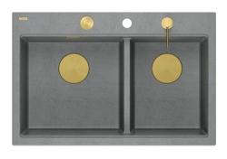 Quadri Hard Rock Διπλό Γκρίζο Γρανίτης Επιφάνειας Νεροχύτης 76x50 εκ. με Χρυσή Πρίζα και Αξεσουάρ 1208971394