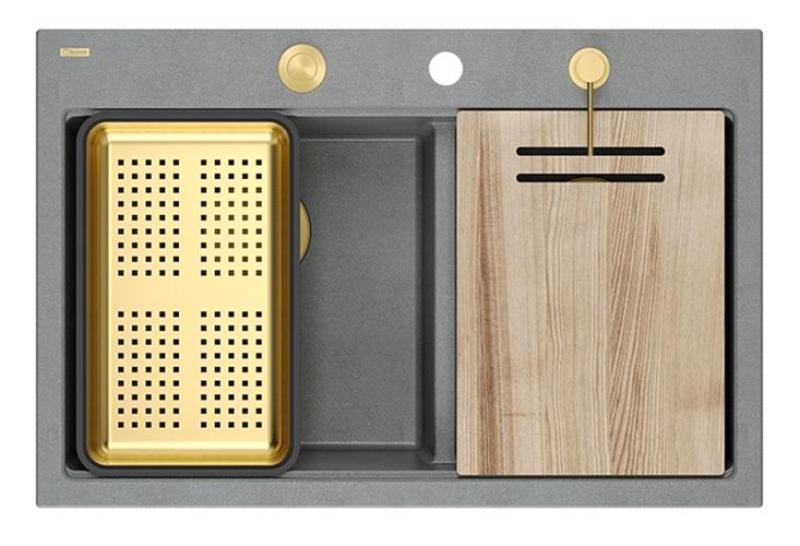 Quadri Hard Rock Διπλό Γκρίζο Γρανίτης Επιφάνειας Νεροχύτης 76x50 εκ. με Χρυσή Πρίζα και Αξεσουάρ 1208971394