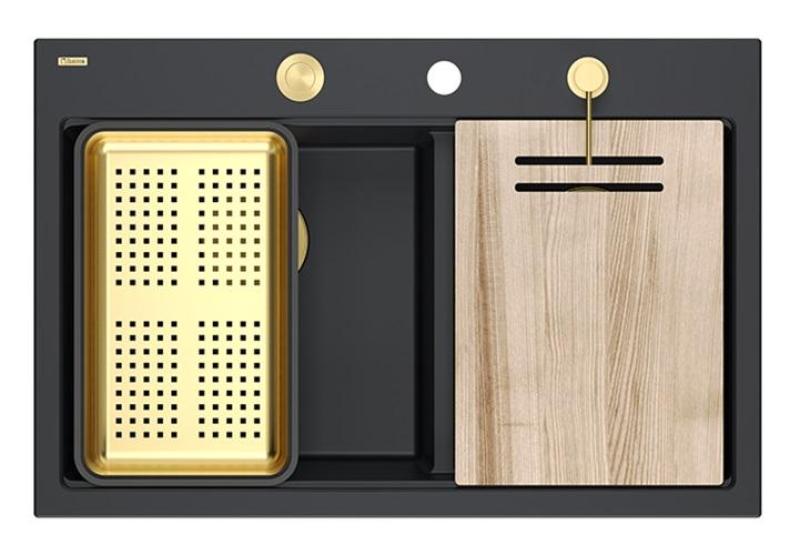 Quadri Hard Rock Διπλό Μαύρο Γρανίτης Επιφάνειας Νεροχύτης 76x50 εκ. με Χρυσή βύσμα και αξεσουάρ 1208971395