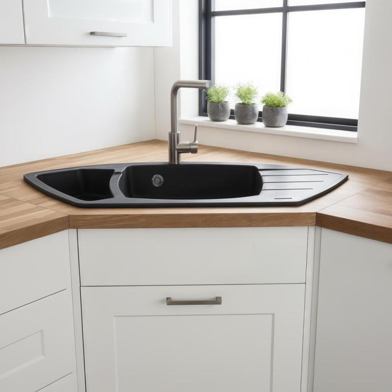 Graniteland Monte Γρανιτένιος μαύρος Γωνιακός νεροχύτης επιφάνειας 901x538mm με Πρίζα από Ανοξείδωτο Χάλυβα 1208971413