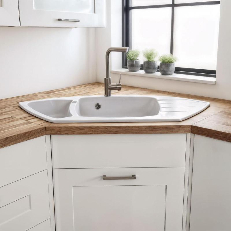 Graniteland Monte Γρανίτης λευκή Γωνιακή νεροχύτη επιφάνειας 901x538mm με Πρίζα από Ανοξείδωτο Χάλυβα 1208971415