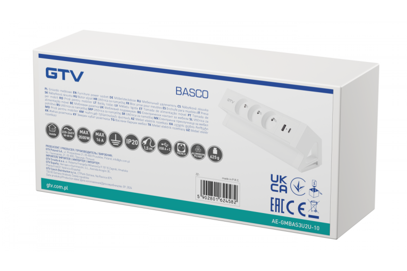 Πρίζα επίπλων Basco, 3 x πρίζα με γείωση, USB A+C, καλώδιο 1.5μ, λευκό με στήριξη