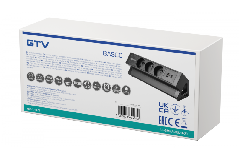 Πρίζα επίπλων Basco, 3 x πρίζα με γείωση, USB A+C, καλώδιο 1.5μ, μαύρο με στήριξη