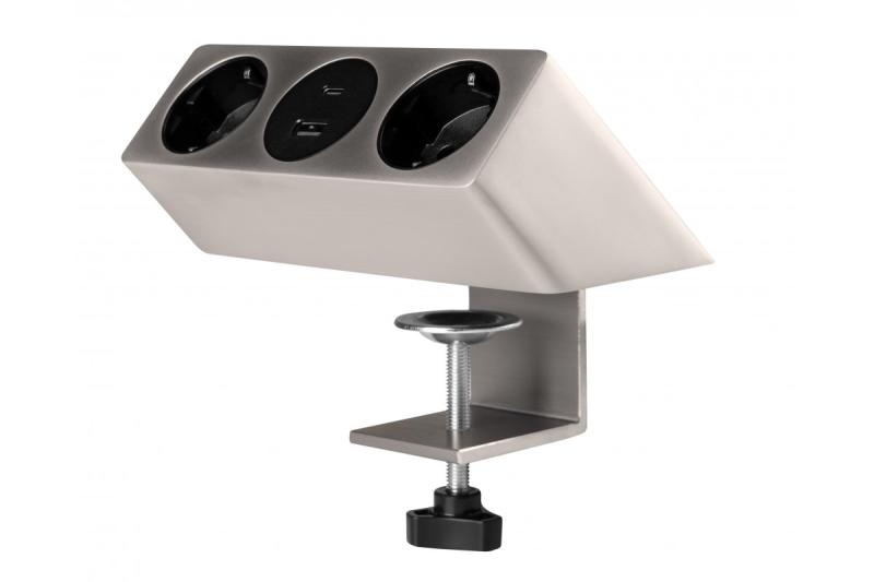 Πρίζα επίπλου SOFITO, 2xSHUKO, USB A+C, καλώδιο 1.5 μ, ανοξείδωτο ατσάλι