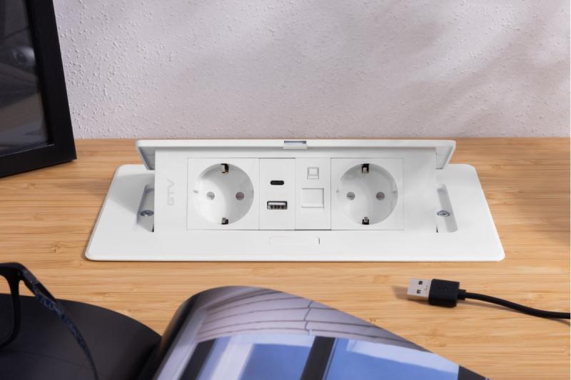 Πρίζα επίπλων MULTISOFT, 2xSHUKO, USB A+C, RJ45, καλώδιο 1.5 m, λευκό