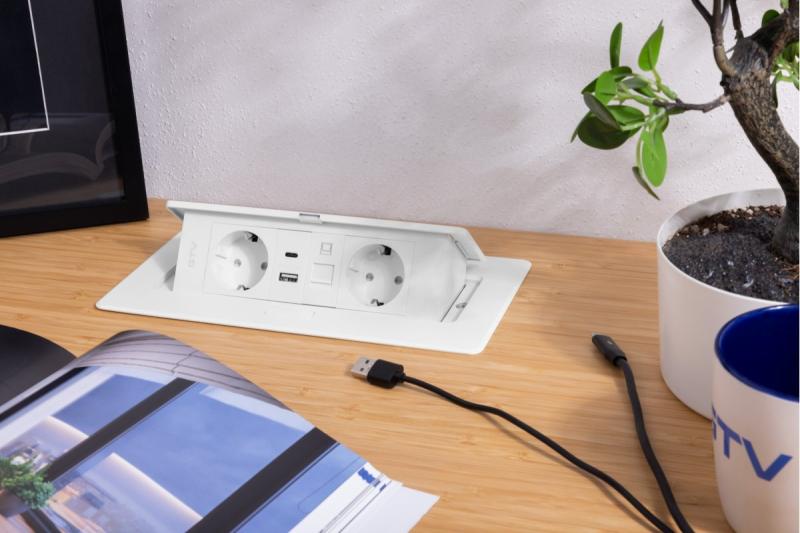 Πρίζα επίπλων MULTISOFT, 2xSHUKO, USB A+C, RJ45, καλώδιο 1.5 m, λευκό