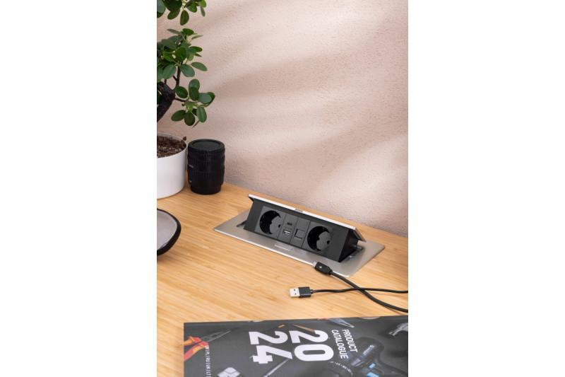 Πρίζα επίπλων MULTISOFT, 2xSHUKO, USB A+C, RJ45, καλώδιο 1,5 m, αλουμίνιο