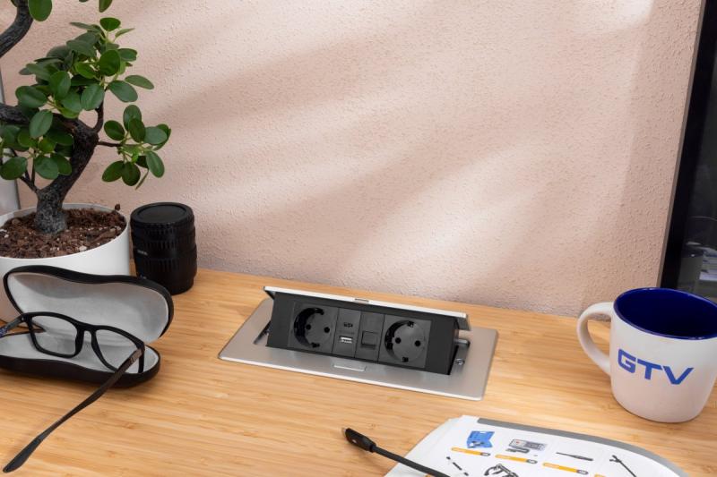 Πρίζα επίπλων MULTISOFT, 2xSHUKO, USB A+C, RJ45, καλώδιο 1,5 m, αλουμίνιο