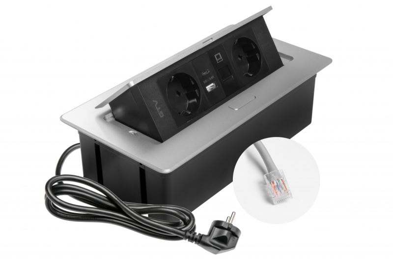 Πρίζα επίπλων MULTISOFT, 2xSHUKO, USB A+C, RJ45, καλώδιο 1,5 m, αλουμίνιο
