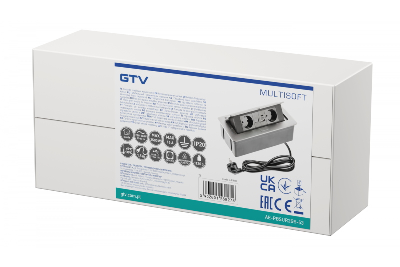 Πρίζα επίπλων MULTISOFT, 2xSHUKO, USB A+C, RJ45, καλώδιο 1,5 m, αλουμίνιο