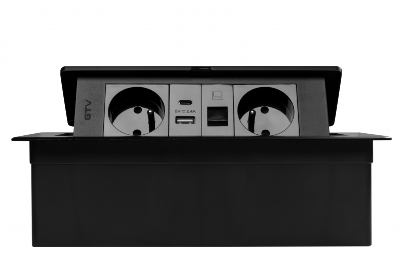 MULTISOFT Πρίζα Επίπλων 2x Πρίζες με Γείωση, USB A+C, RJ45, Καλώδιο Ρεύματος με Βύσμα, Μαύρο