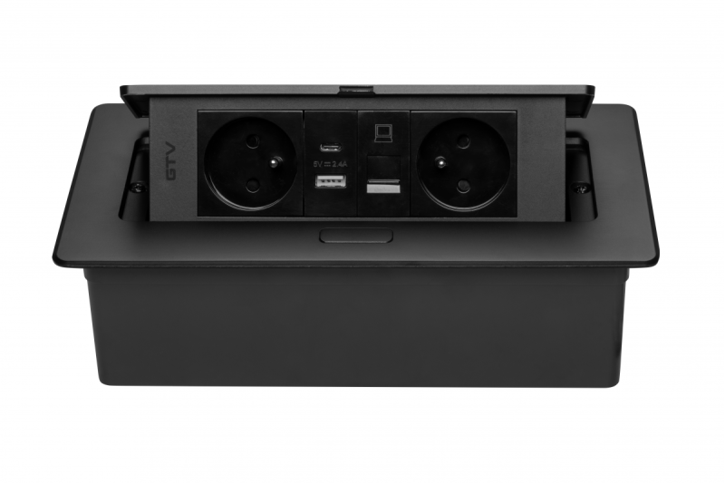 MULTISOFT Πρίζα Επίπλων 2x Πρίζες με Γείωση, USB A+C, RJ45, Καλώδιο Ρεύματος με Βύσμα, Μαύρο