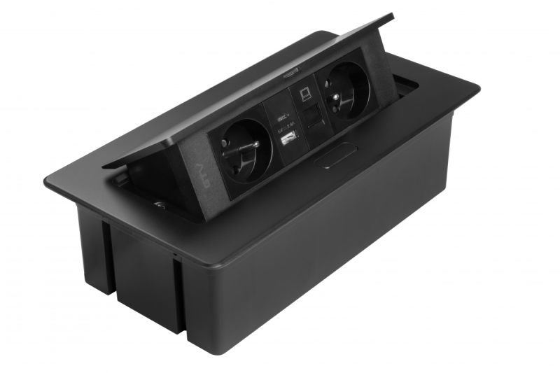 MULTISOFT Πρίζα Επίπλων 2x Πρίζες με Γείωση, USB A+C, RJ45, Καλώδιο Ρεύματος με Βύσμα, Μαύρο