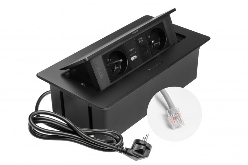 MULTISOFT Πρίζα Επίπλων 2x Πρίζες με Γείωση, USB A+C, RJ45, Καλώδιο Ρεύματος με Βύσμα, Μαύρο