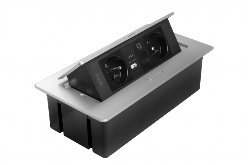 MULTISOFT Πρίζα Επίπλων 2x Πρίζα με Γείωση, USB A+C, RJ45, Καλώδιο Ρεύματος με Βύσμα, Αλουμίνιο