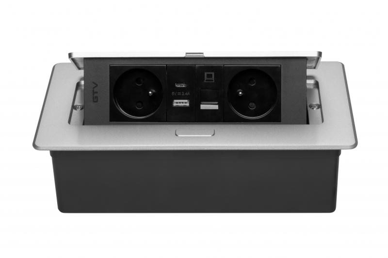 MULTISOFT Πρίζα Επίπλων 2x Πρίζα με Γείωση, USB A+C, RJ45, Καλώδιο Ρεύματος με Βύσμα, Αλουμίνιο