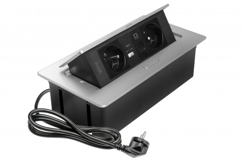 MULTISOFT Πρίζα Επίπλων 2x Πρίζα με Γείωση, USB A+C, RJ45, Καλώδιο Ρεύματος με Βύσμα, Αλουμίνιο