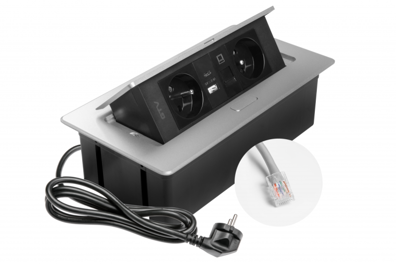 MULTISOFT Πρίζα Επίπλων 2x Πρίζα με Γείωση, USB A+C, RJ45, Καλώδιο Ρεύματος με Βύσμα, Αλουμίνιο