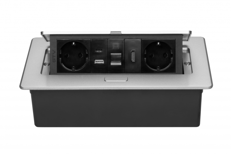 Πρίζα επίπλων MULTISOFT, 2xSHUKO, USB A+C, RJ45, καλώδιο HDMI 1.5 m, αλουμίνιο
