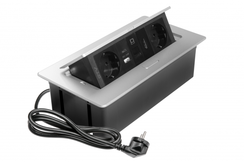 Πρίζα επίπλων MULTISOFT, 2xSHUKO, USB A+C, RJ45, καλώδιο HDMI 1.5 m, αλουμίνιο