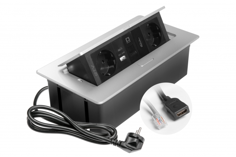 Πρίζα επίπλων MULTISOFT, 2xSHUKO, USB A+C, RJ45, καλώδιο HDMI 1.5 m, αλουμίνιο