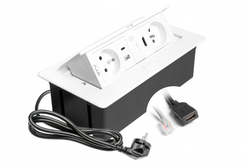 Πρίζα επίπλων MULTISOFT 2x Πρίζα με Γείωση, USB A+C, RJ45, HDMI, Καλώδιο Ρεύματος με Βύσμα, Λευκό