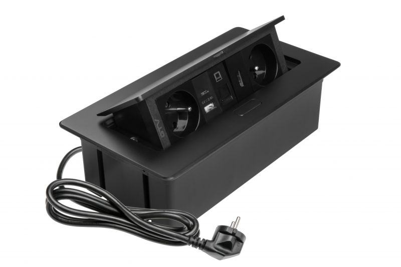 Πολύπριζο επίπλων MULTISOFT 2x Υποδοχή με Γείωση, USB A+C, RJ45, HDMI, Καλώδιο Ρεύματος με Φις, Μαύρο