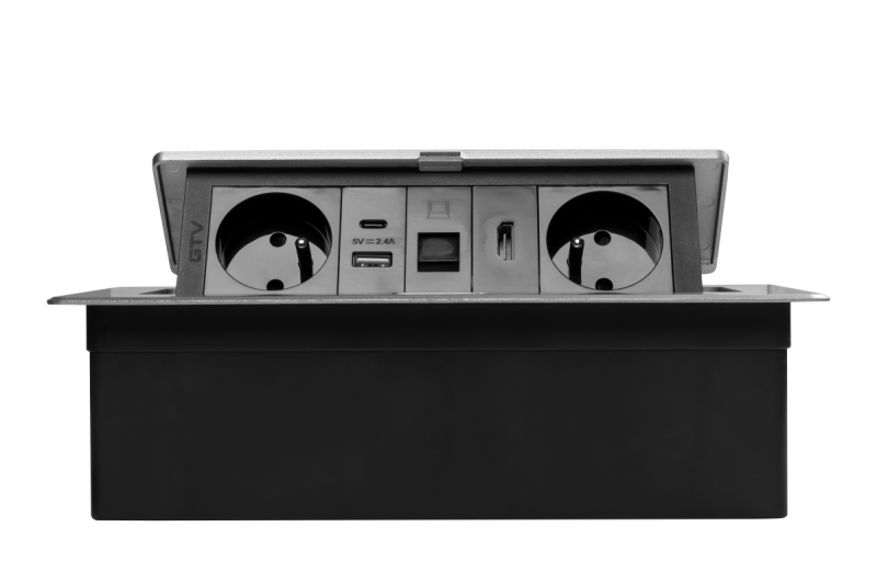 Πολυπρίζα MULTISOFT επίπλων 2x Πρίζα με γείωση, USB A+C, RJ45, HDMI, Καλώδιο ρεύματος με βύσμα, Αλουμίνιο