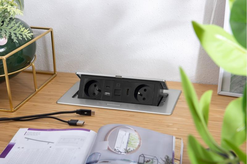 Πολυπρίζα MULTISOFT επίπλων 2x Πρίζα με γείωση, USB A+C, RJ45, HDMI, Καλώδιο ρεύματος με βύσμα, Αλουμίνιο