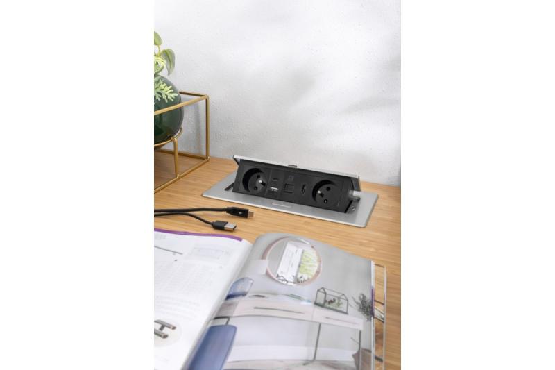 Πολυπρίζα MULTISOFT επίπλων 2x Πρίζα με γείωση, USB A+C, RJ45, HDMI, Καλώδιο ρεύματος με βύσμα, Αλουμίνιο