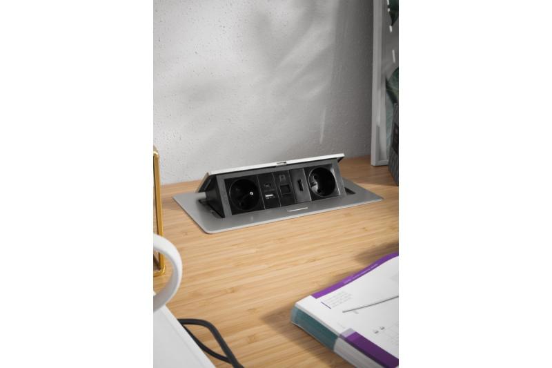 Πολυπρίζα MULTISOFT επίπλων 2x Πρίζα με γείωση, USB A+C, RJ45, HDMI, Καλώδιο ρεύματος με βύσμα, Αλουμίνιο